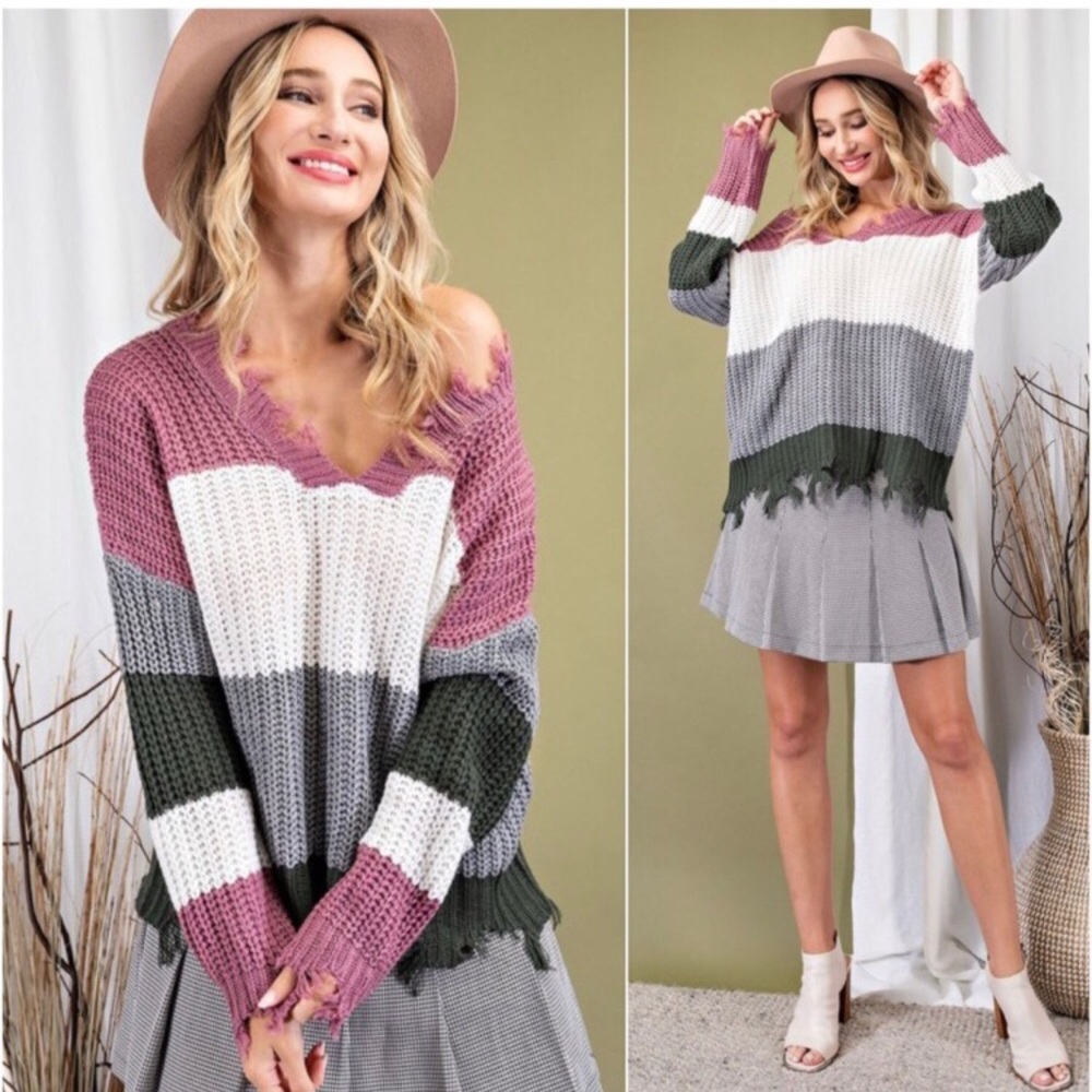 Women’s trendy fall distressed frayed color block must have sweater - Picture 2 of 6